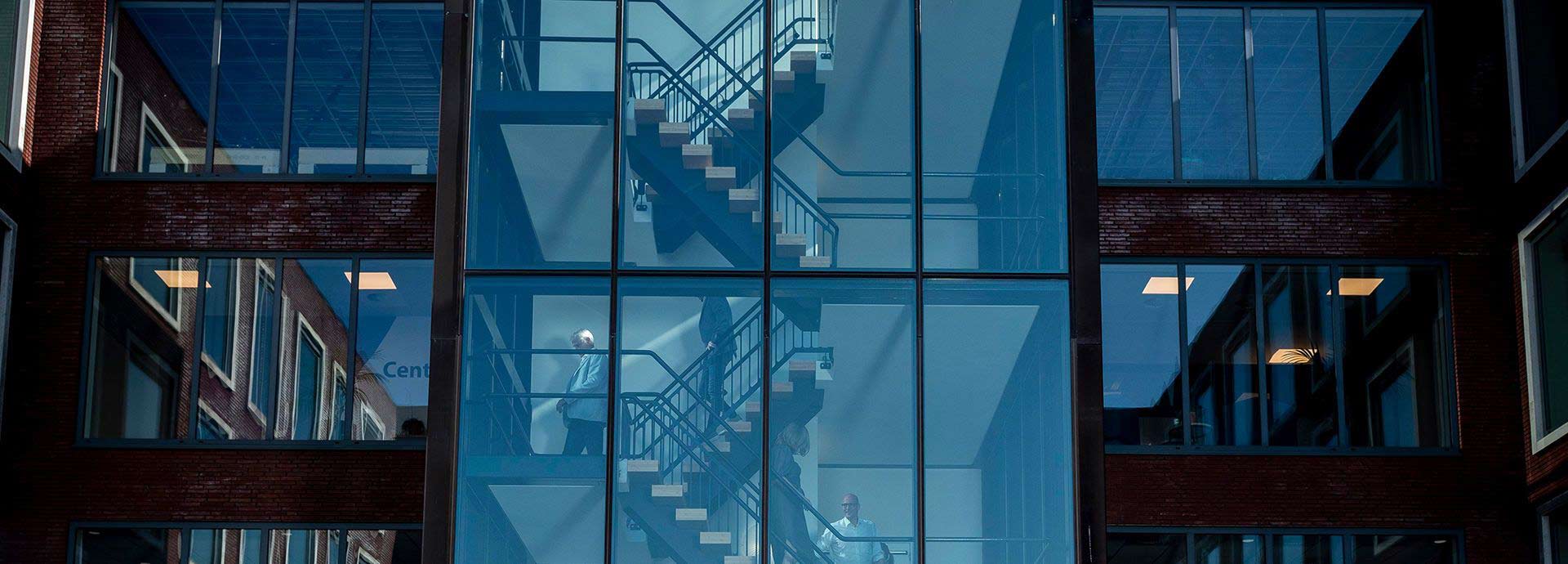 Centrafarm's office at night with employees on the stairs